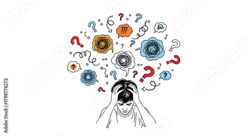 A person is depicted in distress, holding their head as a visual metaphor for overwhelming thoughts and unanswered questions.