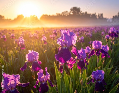 Field of Purple Iris Flowers at Sunrise with Golden Sunbeams and Hazy Background in a Natural Outdoor Setting