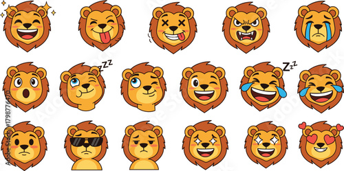 Cute cartoon lion emoji faces set with different expressions, animal mascot character vector illustration for stickers, kids designs, emoticons and social media