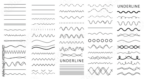 A diverse collection of line styles and underlinings featuring straight, wavy, dotted, and dashed patterns for design elements.
