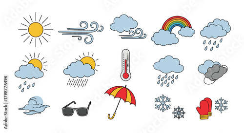 A collection of colorful hand-drawn weather and climate icons illustrating various atmospheric conditions and seasonal accessories.