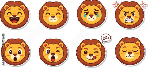 Cute cartoon lion emoji faces, various emotions including happy, crying, angry, surprised, sleepy and winking expressions for stickers, kids artwork and digital illustration