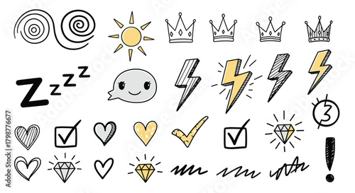 A collection of cute hand-drawn doodle icons, including weather, sleep, love, success, and energy symbols, for creative projects.