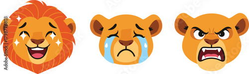 Cute cartoon lion emojis, happy crying and angry expressions, wild animal character faces for stickers, emoticons, social media, kids illustrations and digital art