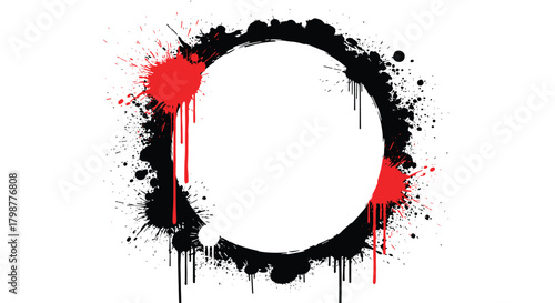 Abstract grunge frame featuring a textured black circle adorned with vibrant red paint splatters and drips against a clean white backdrop.
