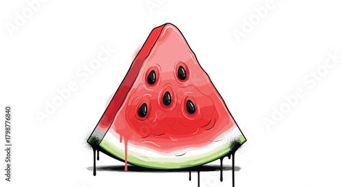 Vibrant graphic illustration of a fresh watermelon slice with black seeds, dripping red juice, and a stylized street art effect.