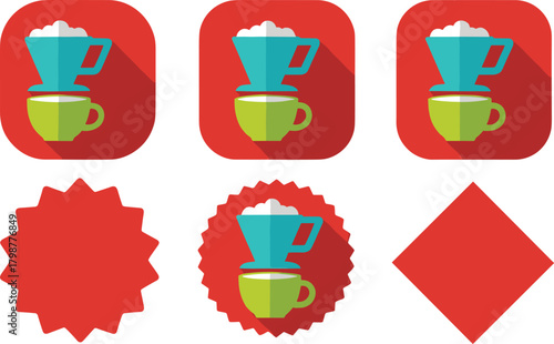 Modern Flat Design Vector Icon Set of a Pour Over Coffee Dripper and Mug, Featuring Long Shadows and Presented in Various Red Geometric Background Shapes