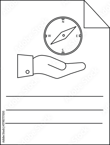 A document shows a hand holding a compass with directions N S E W and blank lines for text