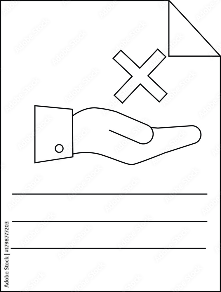 Fototapeta premium A document with a crossed out hand icon resting above three lines
