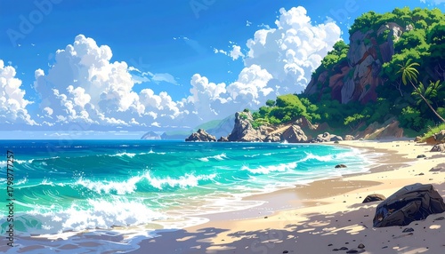 Serene Coastal Paradise: A Tranquil Beach Scene with Lush Greenery and Clear Waters