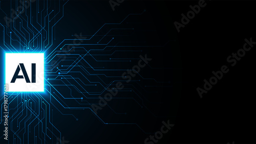 Concept of Artificial Intelligence. AI Chip with a circuit board on a futuristic background. AI hardware or CPU. Symbolizes technological advancement and an AI computer agent. Vector illustration.