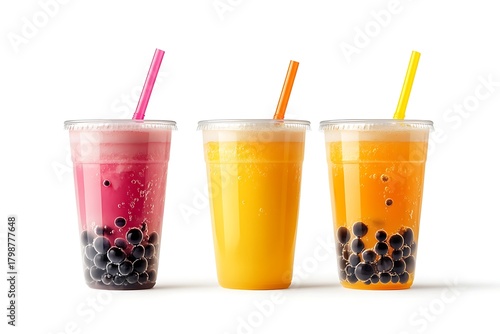 Three plastic cups of bubble tea drinks with different fruit flavors and dark tapioca pearls, isolated on a white background