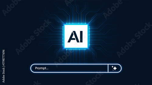 AI Chip with a generative bar on a circuit board background. Concept of Artificial Intelligence. AI Search Engines. Powered SEO optimization. Generate an idea by a prompt, Vector illustration.