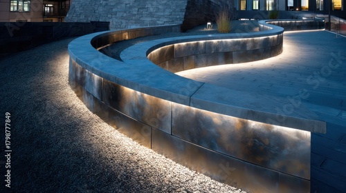 Brushed steel curved retaining wall against gravel terrace cool lighting with low-angle shadows defining the bend and emphasizing