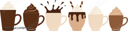 Set of Six Hot Chocolate or Coffee Mugs with Whipped Cream Toppings Vector Illustration