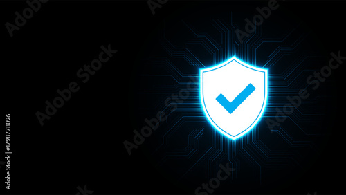 Protection shield with a checkmark icon and has a neon light on the background. Data privacy and cybersecurity. Computer network protection concept. Vector illustration.