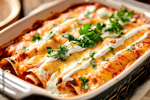Wallpaper Mural Cheesy chicken enchiladas baking in a dish, topped with red sauce, melted cheddar, white cream, and fresh cilantro Torontodigital.ca