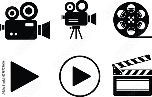 Film and Media Icon Set – Movie Camera, Play Button, Clapperboard, Reel Symbols
