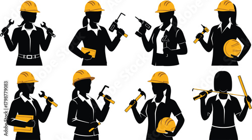 Female construction workers holding various tools wearing safety helmets and uniforms representing women empowerment in engineering architecture and industrial labor professions illustration