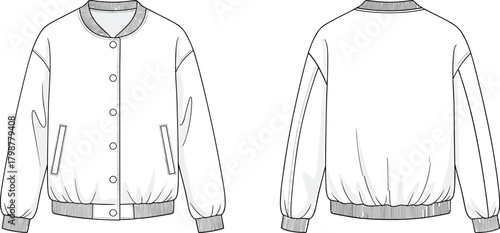 Front and back bomber jacket fashion flat sketch template, unisex outerwear technical drawing vector, clothing design mockup, casual garment illustration for apparel production