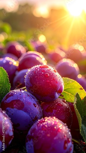Wallpaper Mural Close-up of ripe plums glistening with water droplets and sunlight Torontodigital.ca