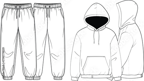Hoodie and jogger pants fashion flat sketch template, unisex tracksuit apparel vector, front and back clothing technical illustration, casual sportswear design mockup