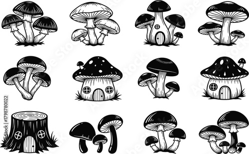 Whimsical Mushroom House Illustration Set with Fantasy Dwellings and Nature-Inspired Designs