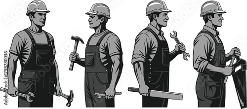 Illustration of construction workers in uniform holding various tools, professional builder characters, industrial labor concept, handyman equipment, engineering craftsmanship, workshop 