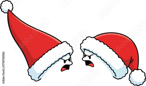 Humorous Cartoon Angry Christmas Santa Hats Arguing Vector Illustration