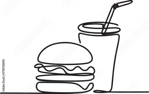 Continuous line art illustration of burger with soda cup and straw using handmade contour