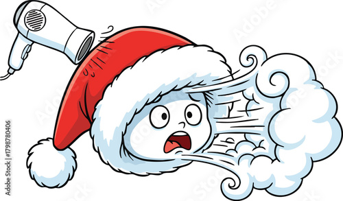 Funny cartoon character in Santa hat melting from hair dryer heat - Christmas vector illustration