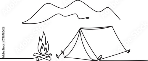 Continuous line art illustration of campsite with tent and small fire using handmade contour