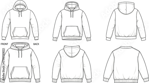 Multiple hoodie mockup set with front and back views, blank sweatshirt template, pullover design, kangaroo pocket, ribbed cuffs hem, unisex clothing illustration
