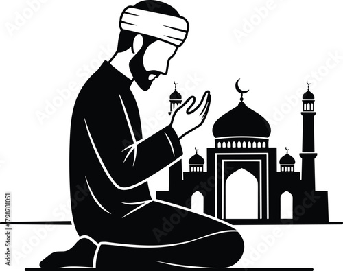 Muslim man praying in front of mosque silhouette illustration, Islamic worship and devotion vector, kneeling prayer pose, spiritual religion artwork design