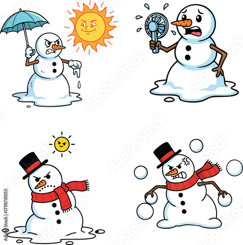 Humorous Cartoon Snowmen Character Set Dealing with Hot Weather and Snowball Fights Vector Illustrations