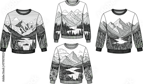 Mountain landscape printed sweater collection with nature scenery, outdoor adventure apparel design, forest and mountain graphic clothing set for winter fashion lovers