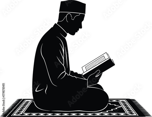 Muslim man reading Quran on prayer mat silhouette illustration, Islamic worship and devotion vector, religious spirituality artwork, holy book recitation pose