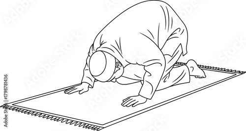 Muslim man praying in sujood on prayer mat illustration, Islamic worship vector, prostration posture drawing, religious devotion pose artwork
