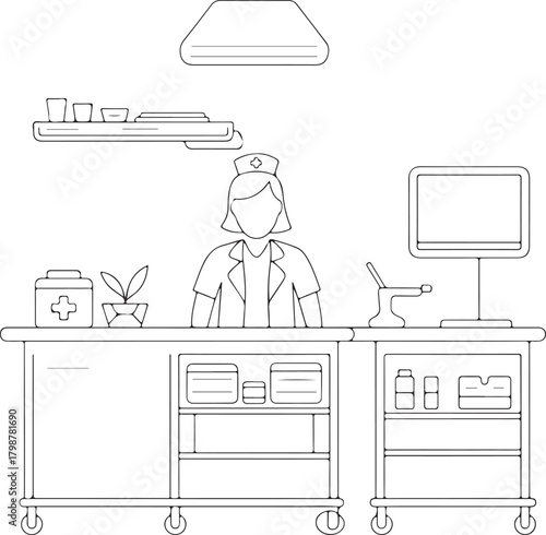 Continuous line nurse station with medical file illustration for healthcare and hospital design