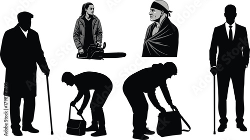 Silhouette and illustrated figures of diverse people including elderly individuals with canes, bending workers, chainsaw operator, wrapped person, lifestyle and occupational character set