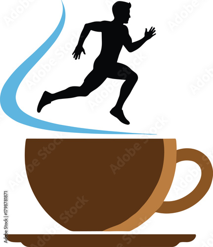 Coffee Energy and Boost Vector Illustration Running Man Silhouette on Top of Hot Cup