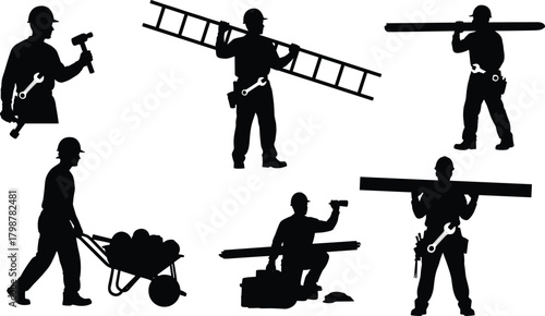 Silhouette construction workers carrying tools, ladder, pipes, and equipment, industrial labor crew illustration for building, maintenance, engineering, workforce concept