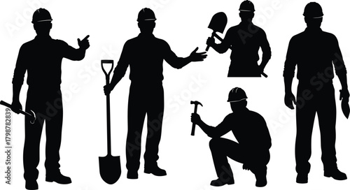 Silhouette construction workers holding shovels, hammers, and tools, industrial labor crew illustration for building, maintenance, repair tasks, professional workforce, jobsite activity