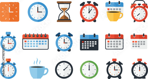 Comprehensive Flat Design Vector Icon Set for Time Management, Including Wall Clocks, Alarm Clocks, Stopwatches, Calendars, and Schedule-Related Symbols