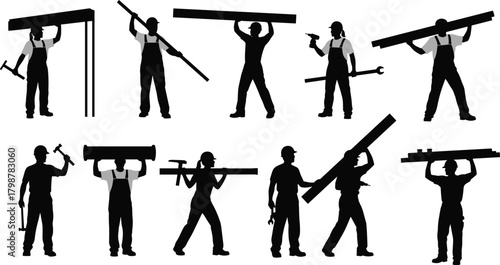 Silhouette construction workers holding tools, pipes, beams, and equipment, professional labor crew illustration for building, maintenance, industrial workforce, jobsite activity