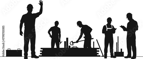 Silhouette construction workers on building site, teamwork in industrial labor environment, safety helmets, engineering supervision, professional craftsmanship, urban development project