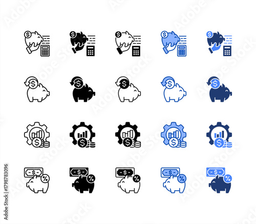 Budgeting, Cash back, Money management, Discount multiple style icon set.