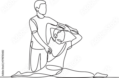 Continuous line physiotherapist helping a patient stretch illustration for medical and rehabilitation design