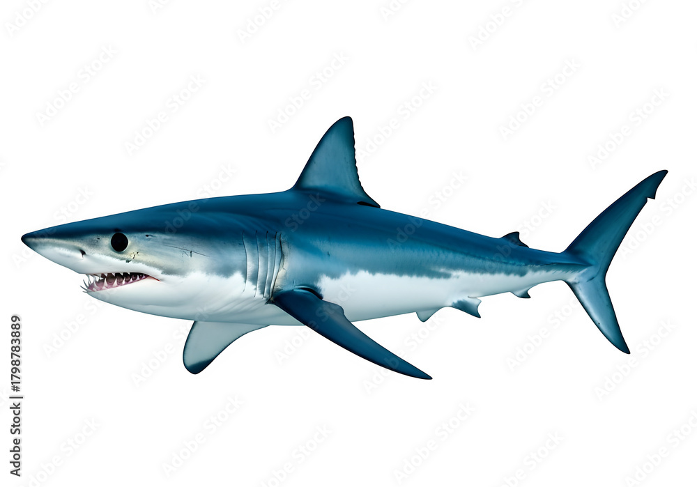 Fototapeta premium Mako Shark PNG. Full Body View of Fast Predator, Ocean Wildlife, and Marine Animal Graphic Element. isolated on white or transparent background. PNG