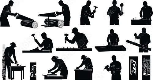 Silhouette illustration of carpenters woodworking with tools, craftsmen performing detailed tasks, professional carpentry labor, wood shaping, carving, cutting and construction work in various poses